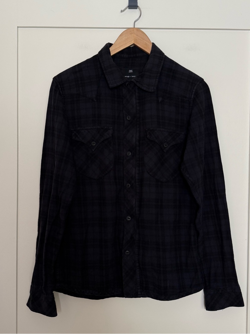 Wings + Horns Flannel Shirt Mens Sz S Navy Plaid Zip Up Long Sleeve Canada